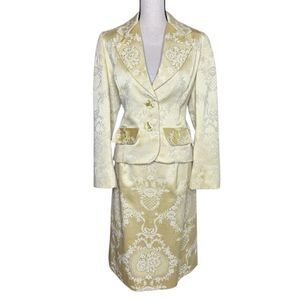 Unbranded Two Piece Suit Butter Yellow Jacquard Vintage Jacket & Skirt Size 8